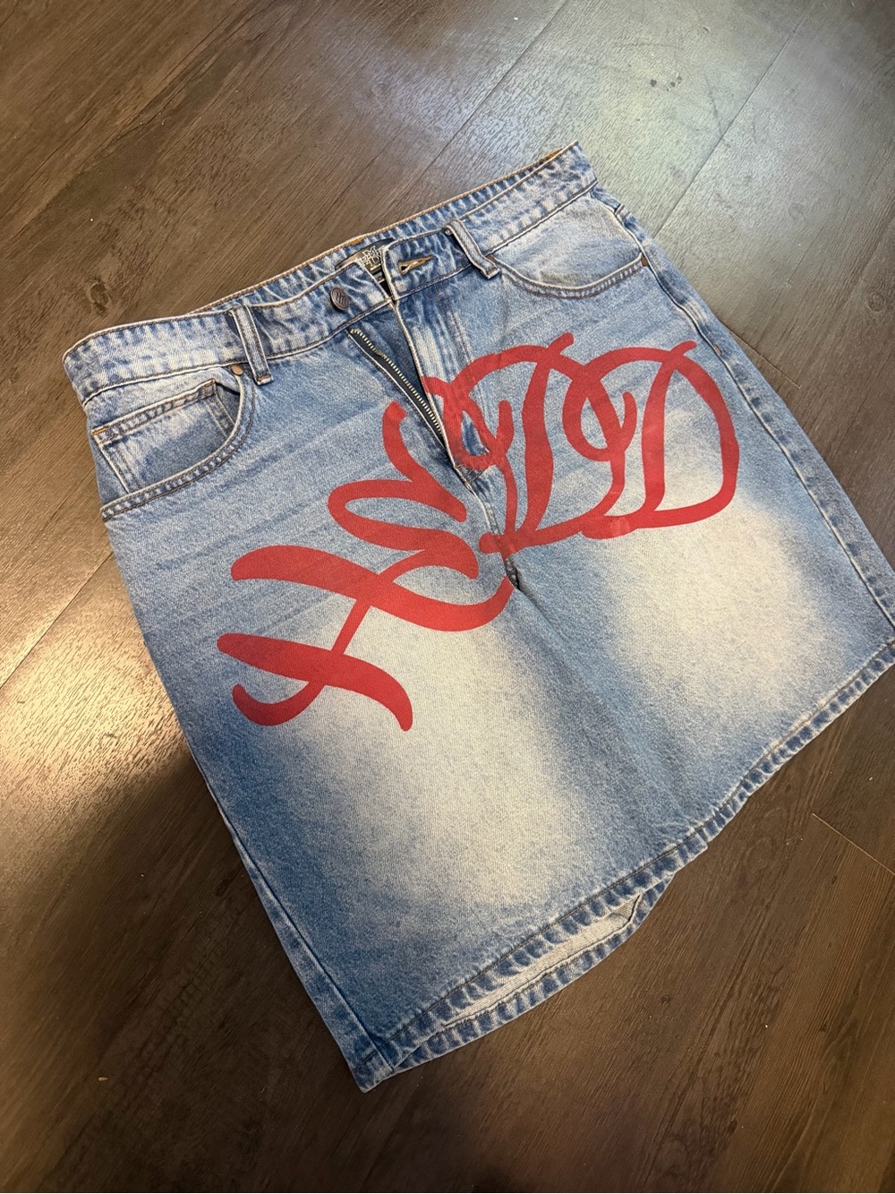 HMDD Red Calligraphy Denim Shorts